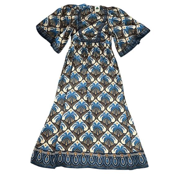 Farm Rio Anthro Women’s Cocopalm Flutter Sleeve Beige Blue  Print Maxi Dress XS - Picture 2 of 15